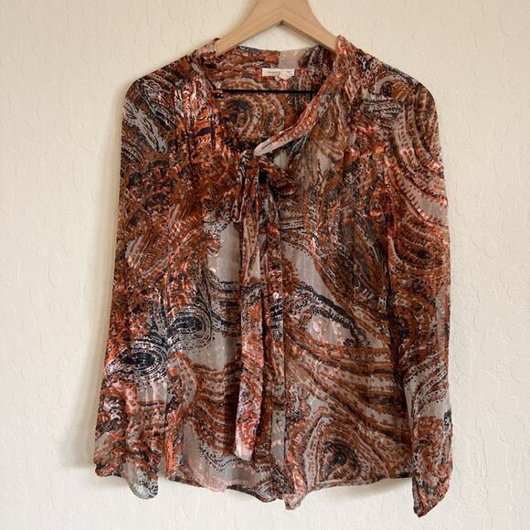 Anthropologie Meadow Rue Briarcliff Burnout Tie Neck Blouse Top Medium Brown - Picture 1 of 7